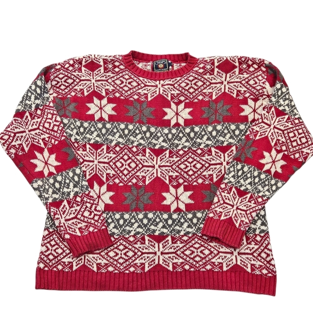VINTAGE Chaps Ralph Lauren Winter Snowflake Red & White Cotton Sweater Large USA